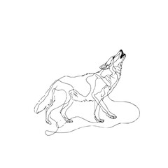 Continuous line drawing of a howling wolf with detailed fur and expressive open mouth on white background