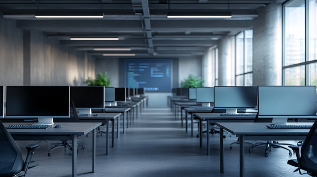 A modern office space features empty desks with computers, reflecting the interior of a college classroom designed for corporate working environments and generative AI applications. - Powered by Adobe