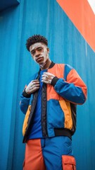 Young man in colorful athletic wear against geometric background