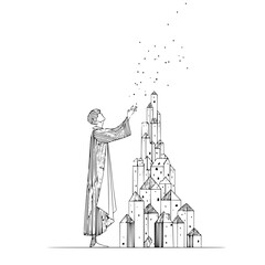 A person in a robe reaching towards a tall stack of buildings with dots floating above them in black and white