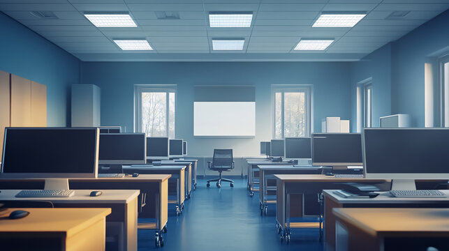 A modern office space features empty desks with computers, reflecting the interior of a college classroom designed for corporate working environments and generative AI applications.