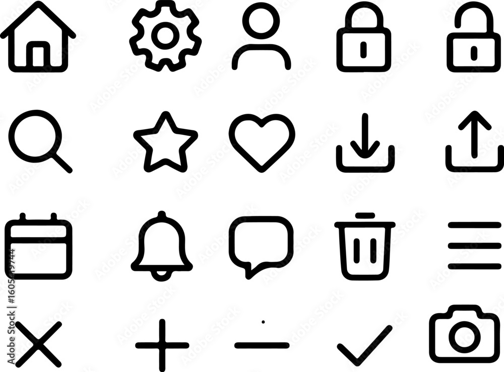 Poster a collection of simple clean and modern outline icons representing common user interface elements fo