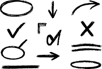 Collection of hand drawn sketch icons including checkmarks circles arrows and crosses for highlighting and emphasis on a white background