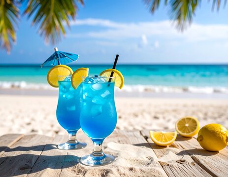 Tropical blue cocktails on a beach - Powered by Adobe