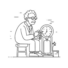 Scientist with curly hair adjusting a large clock like gauge while seated on a stool in line art