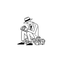 Man in suit and hat sitting on pile of diamonds carefully inspecting one in his hands line art style