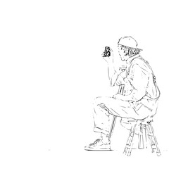 Line art of a person with a cap sitting on a stool and holding a camera in a white background scene