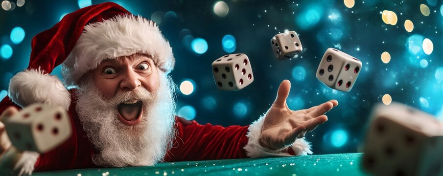 Santa claus smiling, rolling dice on emerald game table, twinkling blue lights blurring background, creating festive holiday gaming scene with whimsical christmas spirit