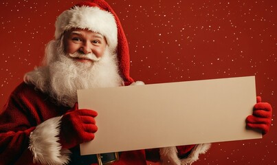 Naklejka premium Cheerful santa holding blank sign, inviting personalized christmas message, sparkling snowflakes decorating vibrant red festive background
