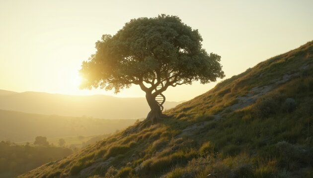 Tree with DNA double helix trunk grows on grassy hillside at sunset. Golden light bathes landscape. Life, growth, science, sustainability, future of biology. Natural concept blends nature, genetics.