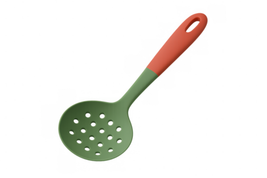3d rendering of a green and orange kitchen strainer with holes, isolated on a transparent background