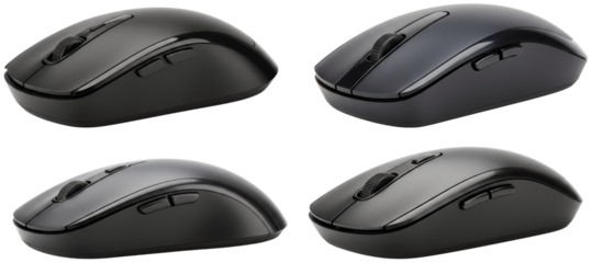 Black computer mouse collection in various angles on transparent background  
