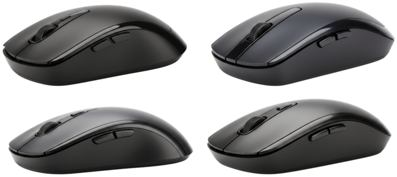 Black computer mouse collection in various angles on transparent background  