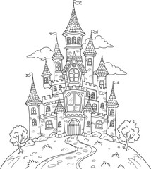 Fantasy castle with big cartoon windows and towers, black and white coloring page with hand-drawn style