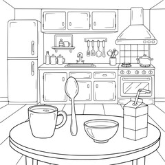 Cartoon kitchen with cup, spoon, bowl, and juice box, black and white coloring page with hand-drawn style