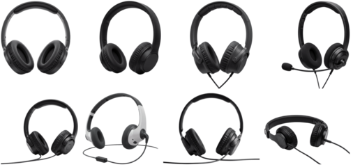 Various black headphones displayed on transparent background  