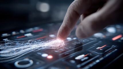 Technician uses a futuristic control panel, featuring intricate data visualizations and precise adjustments, to oversee a robotic arm meticulously polishing a metalens