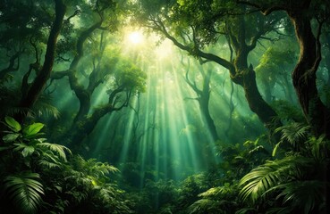 Sunlit jungle canopy featuring vibrant green foliage, trees, dense vines. Sunbeams pierce dense foliage, illuminating rich forest floor. Scene evokes sense of mystery, discovery, serene natural