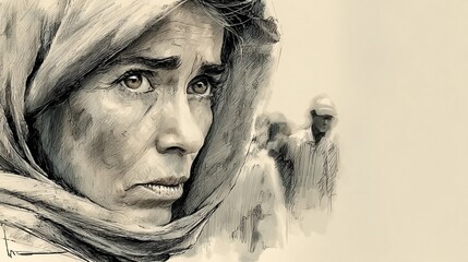 Emotive sketch of a woman in a headscarf with intense, sorrowful eyes.