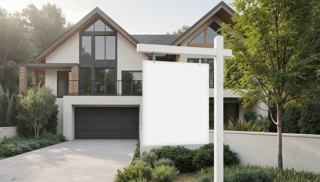 Modern house exterior with blank white real estate sign board mockup. For sale advertising billboard poster outside contemporary home with garage, rich garden, trees. Use for property listing - Powered by Adobe