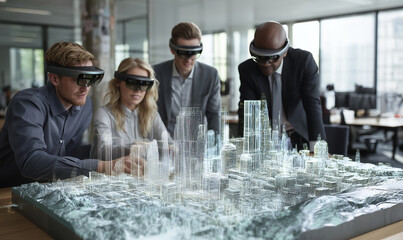 Corporate Team Using Augmented Reality Headsets For Smart City Urban Planning And Digital Design