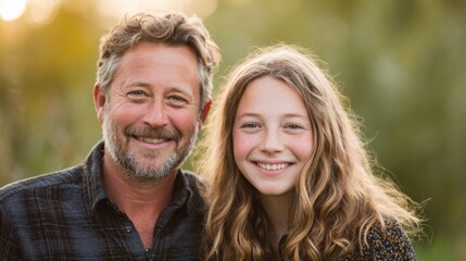 Fototapeta premium Father and daughter sharing a moment outdoors, bathed in soft sunlight with a green backdrop