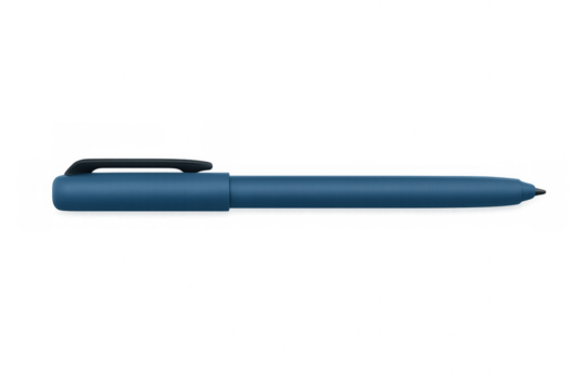 Blue ballpoint pen resting horizontally, highlighting professional workspace with clean minimalist design