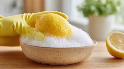 A hand in a yellow glove washes a lemon in a ceramic bowl filled with baking soda foam for safe fruit cleaning.