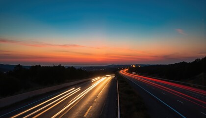 Long exposure captures glowing light trails on highway at sunset. Orange, blue sky gradient. Scenic road with dynamic motion blur indicates travel, destination. Urban landscape with distant lights.