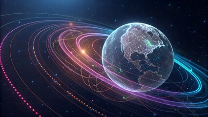 Neon Wireframe Globe Rotating in Space with Digital Data Streams – Sci-Fi 16:9