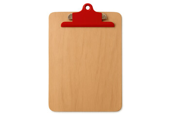 Clipboard made of light brown wood with red clip on transparent background, ideal for showcasing notes, checklists, or important information