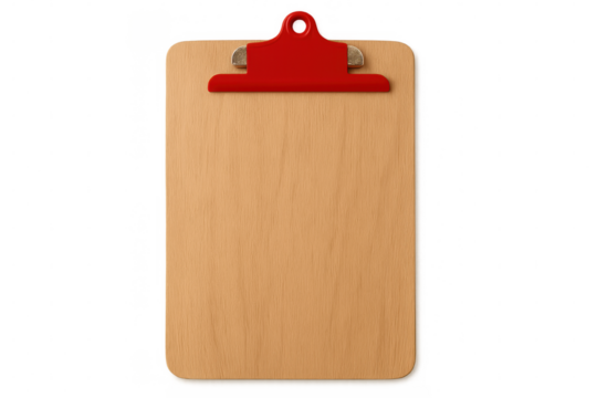 Clipboard made of light brown wood with red clip on transparent background, ideal for showcasing notes, checklists, or important information
