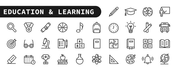 Education and learning - outline icon set with editable stroke. Back to school icons. Book, backpack... Simple line symbols. Vector Illustration