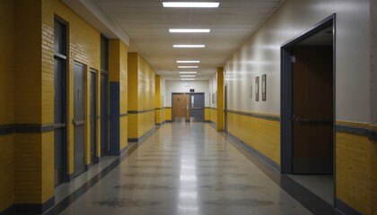 Empty school hallway with bright yellow brick walls, gray doors. Features polished floor reflecting overhead fluorescent lights. Clean, modern, institutional environment suggests academic setting,
