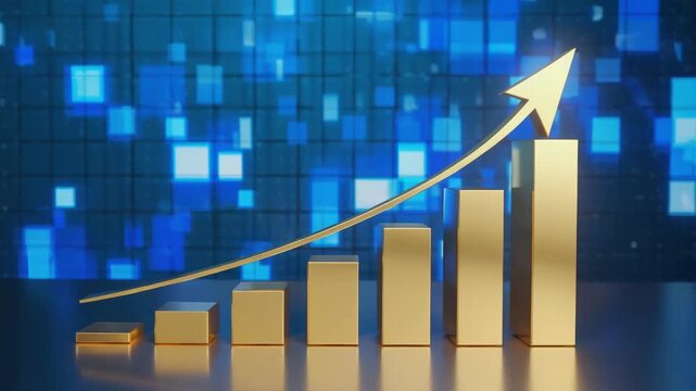 Golden bar graph with an upward-pointing arrow against a blue digital background, depicting successful growth.