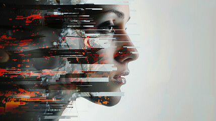 Stunning digital art blending human profile with vibrant glitch effects and abstract modern elements.