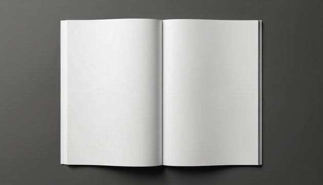 Open white book mockup isolated on grey background. Blank pages for presentation, brochure, catalogue, diary, magazine content. Clean paper layout suitable for design, information, promotional use.