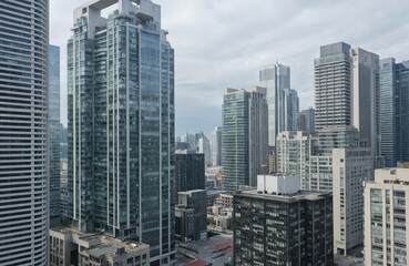 Obraz premium Toronto skyline features modern skyscrapers with glass facades reflecting moody, futuristic atmosphere. Tall towers dominate urban landscape, architectural design, corporate finance hubs near Lake