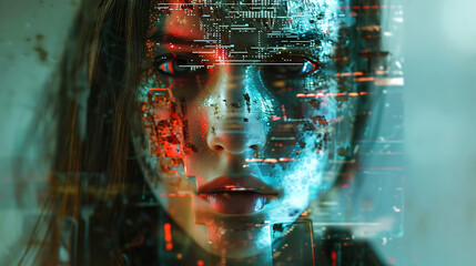 Futuristic cyborg woman's face merges with digital data streams, embodying AI innovation and future tech