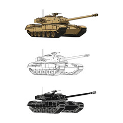 Three-View M1 Abrams Tank Art – Full Color, Silhouette & Technical Blueprint Style

