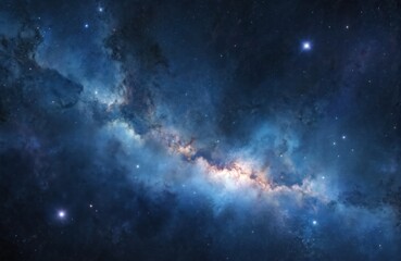 Obraz premium Deep space view vibrant blue, orange celestial nebula with countless stars. Cosmic clouds drift across infinite universe, filled with glowing gas, dust, creating mystical, awe-inspiring scene.