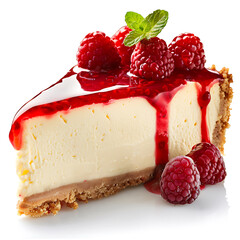 Slice of Cheesecake Topped with Raspberries and Mint