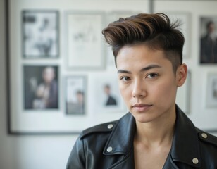 Portrait of young person with stylish undercut haircut, black leather jacket. Confident expression, set against blurred gallery wall with framed art. Modern, urban image captures individuality,
