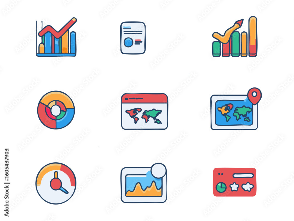 Poster digital technology data analytics icons charts, graphs, maps, and performance metrics vector icon