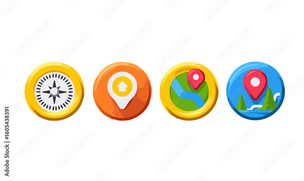 Poster navigation app icons compass, location pin, map markers for mobile ui design vector icon