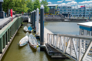 Kayaks docked on the Potomac River embankment
Urban summer still life in Washington, DC.