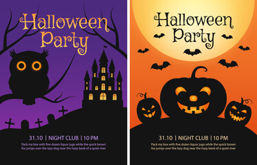 Set of Halloween party invitation templates. Vector illustration with ghost house, cemetery, owl, pumpkins, bats.