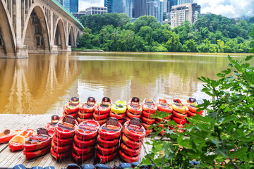 Colorful kayaks docked on the Potomac River
Urban summer still life in Washington, DC.