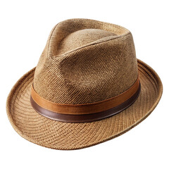 Classic brown woven straw fedora hat with a dark brown leather band isolated on transparent background
