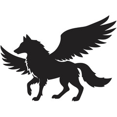 Fototapeta premium Silhouette of a winged wolf with detailed feathers in black on a white background in side profile view created with generated ai